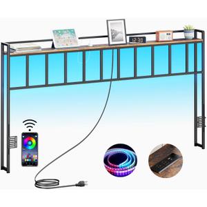 King Headboard, Headboards with LED Light, Outlets and USB Ports, Head Board with Storage Rack, Sturdy and Stable Headboard for King Size Bed, Adjustable Height, Easy Assembly, Rustic Brown (Metal Frame)