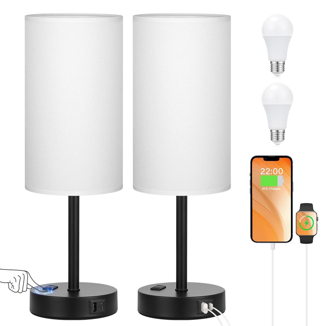 PartageiZ 17.4inches Tall White Bedroom Lamps Set of 2-3 Way Dimmable Touch Table Lamps with USB C and A Ports, Lamps for Nightstand with AC Outlet, Desk Lamps with Black Base for Office