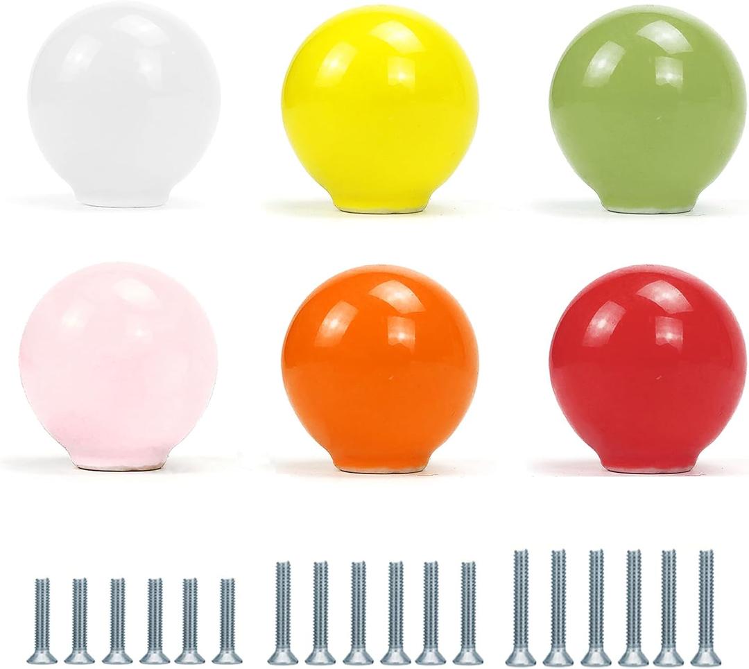 FOAN Cabinet Knobs 6 Pack, Ceramic Drawer Grip Handle, Suitable for Cupboard/Drawer/Dresser/Toilet/Kids Room, 1-1/4inch, Equipped with Multi Size Screws, Colorful