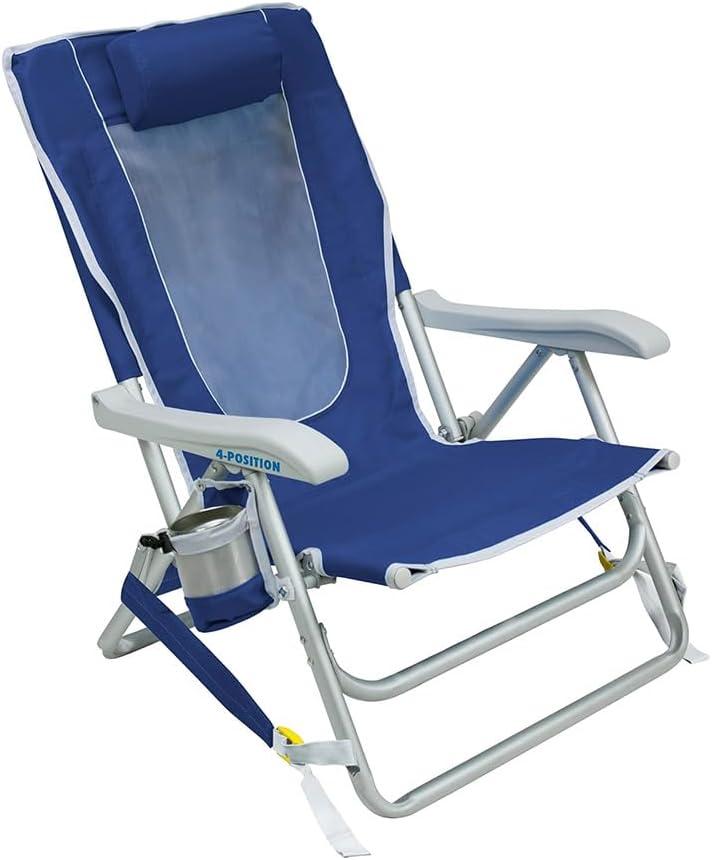 GCI OUTDOOR Backpack Beach Chair | Reclining Folding Chair with Durable Armrests, Drink Holder & Carry Straps, Perfect for Beach Trips & Picnics  Nautical Blue