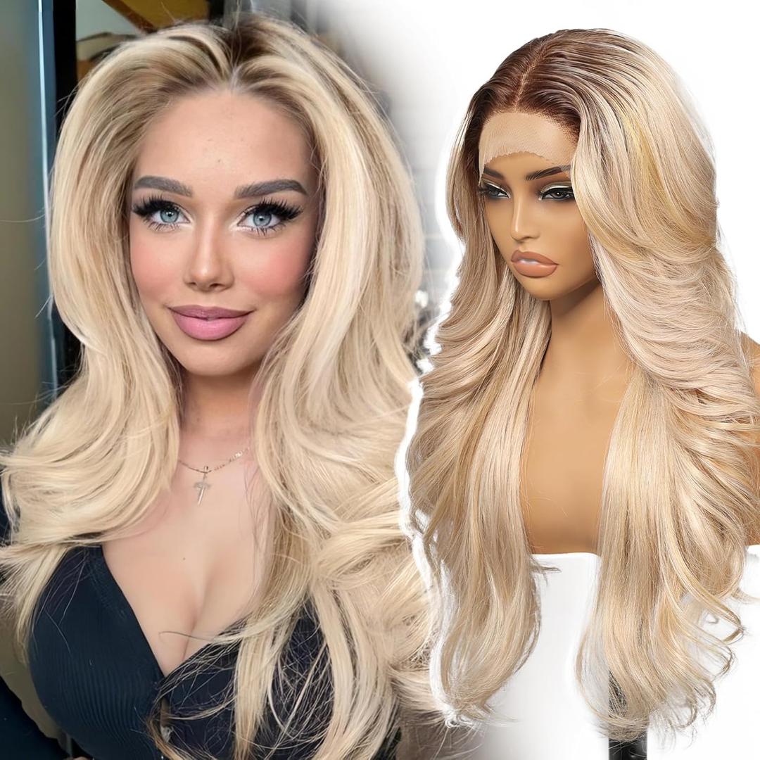 KOME Ombre Blonde Synthetic Lace Front Wig,13x4 HD Lace Layered Wave Glueless Wigs for Women Daily Use 26IN