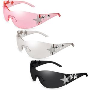 3 Pairs Y2K Sunglasses for Women Men Trendy Shield Wrap Around Sun Glasses, Rimless Star, Oversized Fashion Frameless Glasses (Black, Silver,pink)
