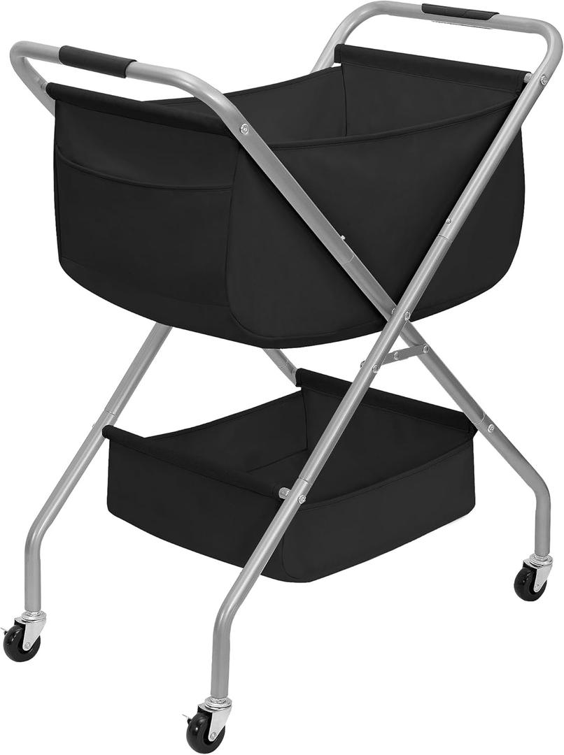 STORAGE MANIAC Collapsible Laundry Cart with Wheels 31.5"H Rolling Laundry Hamper Clothes Basket with Wheels, Canvas Liner Sturdy Steel Frame Folding for Small Narrow Space Easy Storage, Black