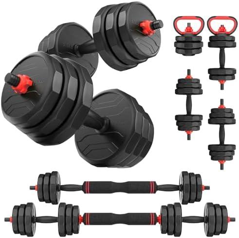 UKEEP Adjustable Dumbbells, 20/30/40/55/60/70/80/90lbs Free Weights Dumbbells Convertible 2 or 3 in 1 Set Used as Barbell, Kettlebells, A Pair of Lightweight for Home Gym