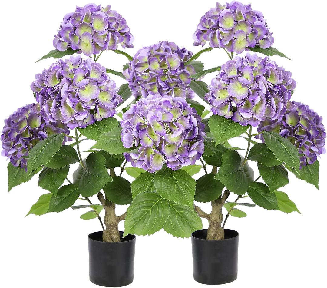 Nafresh 2FT Real Touch Faux Hydrangea Tree Outdoor, 2 Pack Purple Hydrangea Tree Artificial with Vibrant Blooms, Faux Hydrangea Potted Plant for Indoor Outdoor Home Front Porch Pation Decor