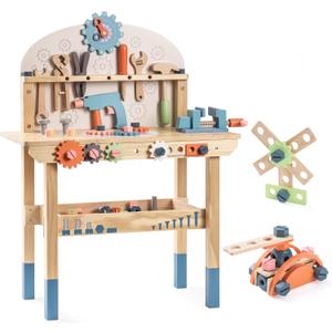 ROBOTIME Kids Tool Bench Set- Large Wooden Work Bench Construction Toys, Workshop w/Kid Toys Tool Set (41 Pieces) for Toddlers Boys Girls Age 3 4 5 6 7