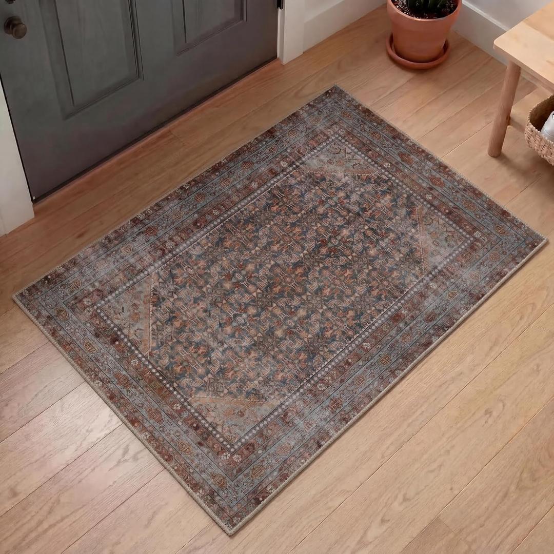 Kuden 2x3 Small Rug, Machine Washable, Non-Slip Backing, Vintage Style, Soft, Low Pile, Area Rugs for Entryway Kitchen Indoor Entrance (Red / Blue)