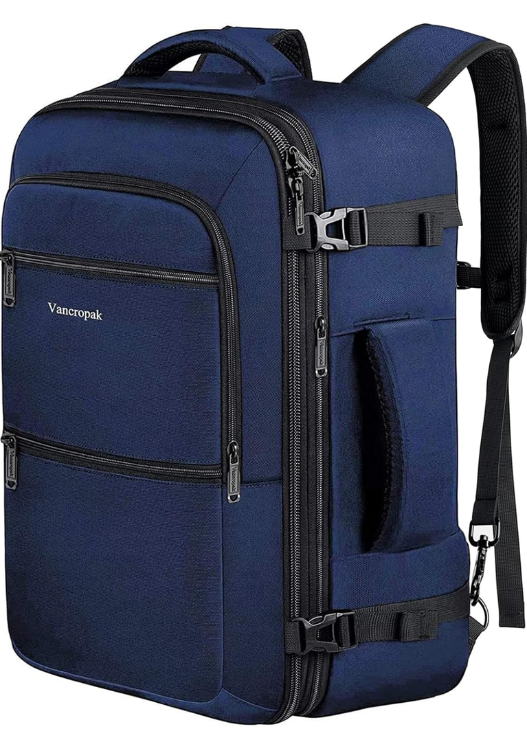 Vancropak Carry On Backpack, 50L Expandable Extra Large Travel Backpack, Flight Approved Water Resistant Luggage Suitcase Daypack, Lightweight Personal Business Weekender Bag for Men & Women, Blue