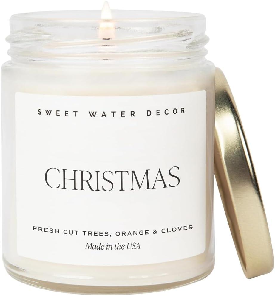 Sweet Water Decor Christmas Candle | Cinnamon, Trees, Orange, and Clove Scents | Christmas Candles and Decor for Home | 9oz. Clear Jar Soy Candle, Made in The USA (Text Label)