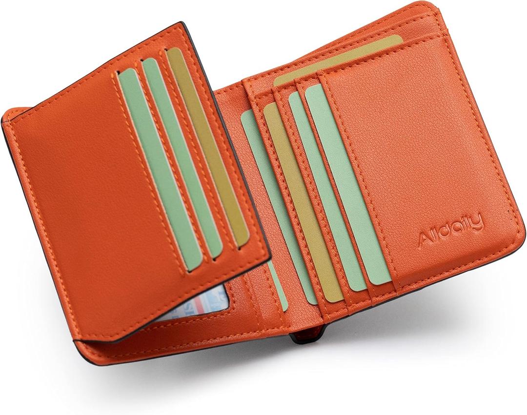 Alldaily RFID Credit Card Wallet for Men Small Bifold Front Pocket Wallet with 2 ID Windows (Black & Orange)