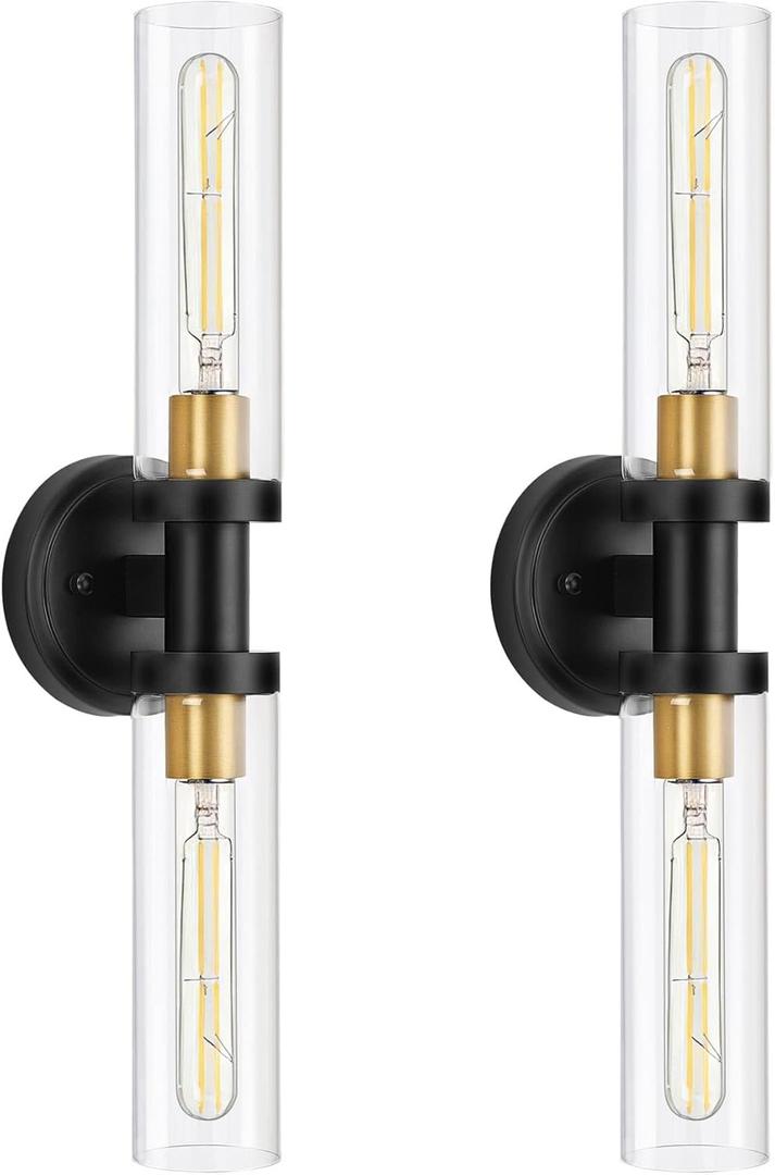 SANTOSTOCK Hardwired Wall Sconces Set of 2, Bathroom Sconces Vanity Light Fixture with Clear Glass, Black and Gold Farmhouse Wall Lights for Bathroom Mirror Living Room Hallway Kitchen