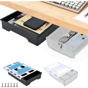 2 Pair Super Capacity 11.85 "x 8.9" Under Desk Drawer Hidden Strorage Drawer Self-Adhesive Slide Out with Smooth Gliding Motion - Attachable & Space-Saving Under Desk Organizer with Screw Kit, Black