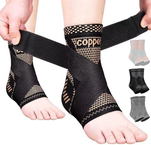JIUFENTIAN Copper Ankle Brace Adjustable Compression Sleeve (Pair)-Ankle Support Heel Brace for Achilles Tendonitis, Plantar Fasciitis-Eases Swelling and Sprained Ankle(Large)