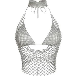 SweatyRocks Women's Rhinestone Fishnet Crop Halter Top Club Party Tops Sexy See Through Tops, Deep V Cowl Neck, Sleeveless, Tie Backless, Cropped, 2 In 1 Streetwear, M