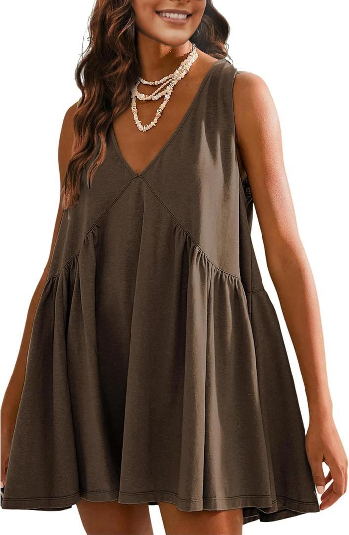 OPCAKM Women's V Neck Sleeveless Mini Dress Loose Summer Pleated Swing Flowy Sundress (X-Large, Brown)