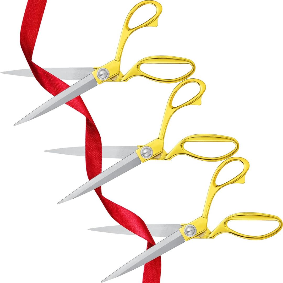 Amylove 3 Pcs Ribbon Cutting Scissors Metal Heavy Duty Stainless Steel Fabric Tailor for Ceremony Events Inaugurations Dressmaking Sewing Plastic Cardboard, 10.43 x 2.76 Inch (Style1,Gold)