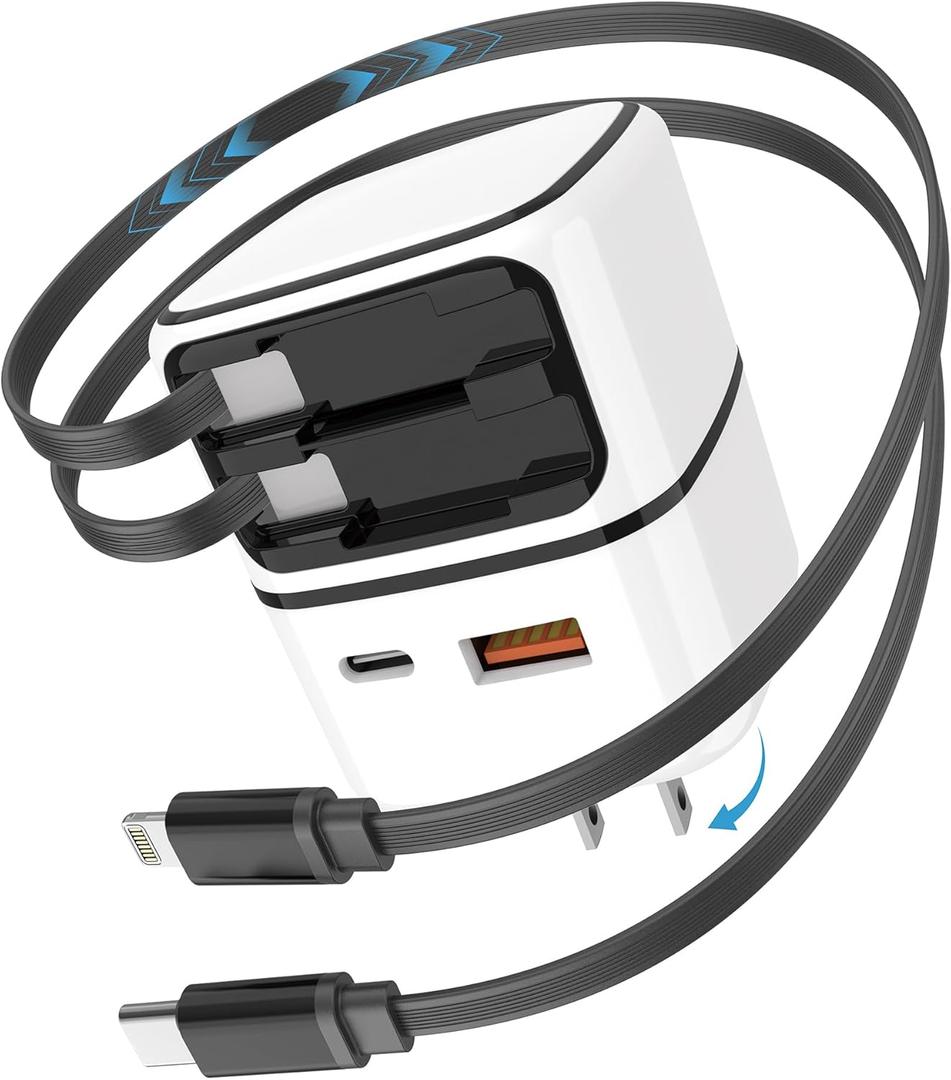 Retractable Charger Wall Plug with Dual Cables - 35W Fast Charging, Dual USB-A/USB-C Ports, Portable Travel Charger Block for iPhone 17/16/15 Series, iPad, Galaxy, Pixel, and More, White