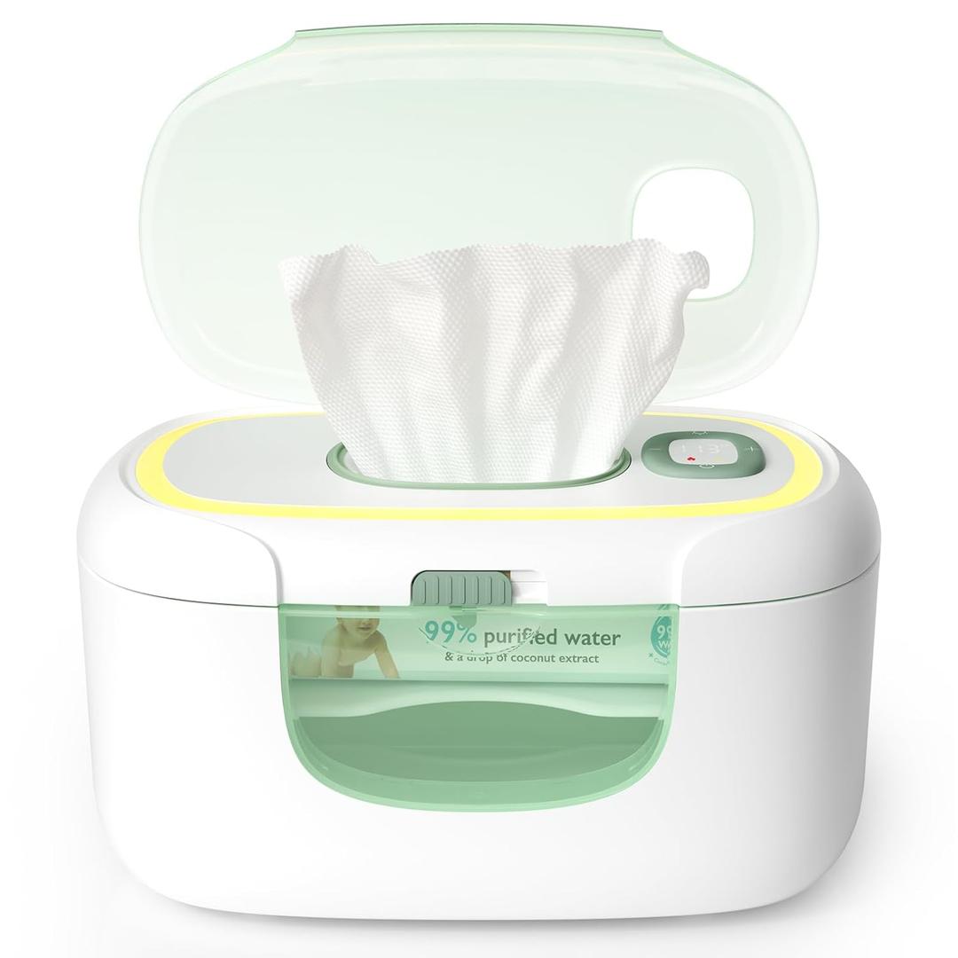Momcozy New Baby Wipe Warmer, 100pcs Larger Capacity Wipe Dispenser, 10-Min Fast Heating with 4 Temperature Modes, Innovative Spring Design, Silicone & Top Seals,Quick Even Heating, 3-Level Nightlight (Green)