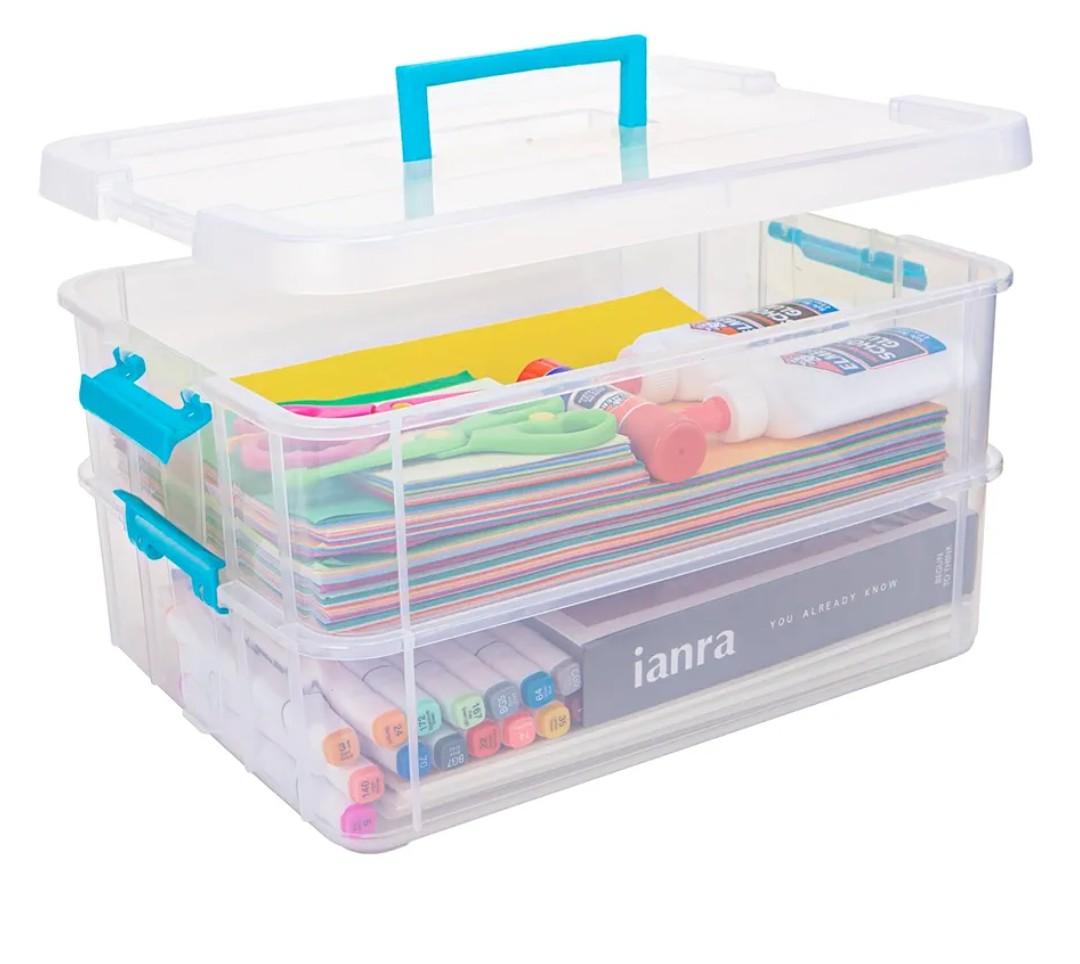 TERGOO 2 Layer Plastic Storage Containers with Lids, Multipurpose Clear Stack & Carry Box, Portable Craft Organizers and Storage Bin for Organizing Art & Craft, Sewing, Makeup, Nail Supplies (Blue)