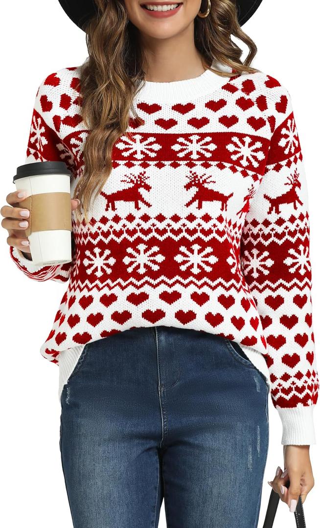 LYHNMW Women's Ugly Christmas Sweaters Snowflake Heart Reindeer Long Sleeve Holiday Knit Xmas Sweater Pullover Tops XL