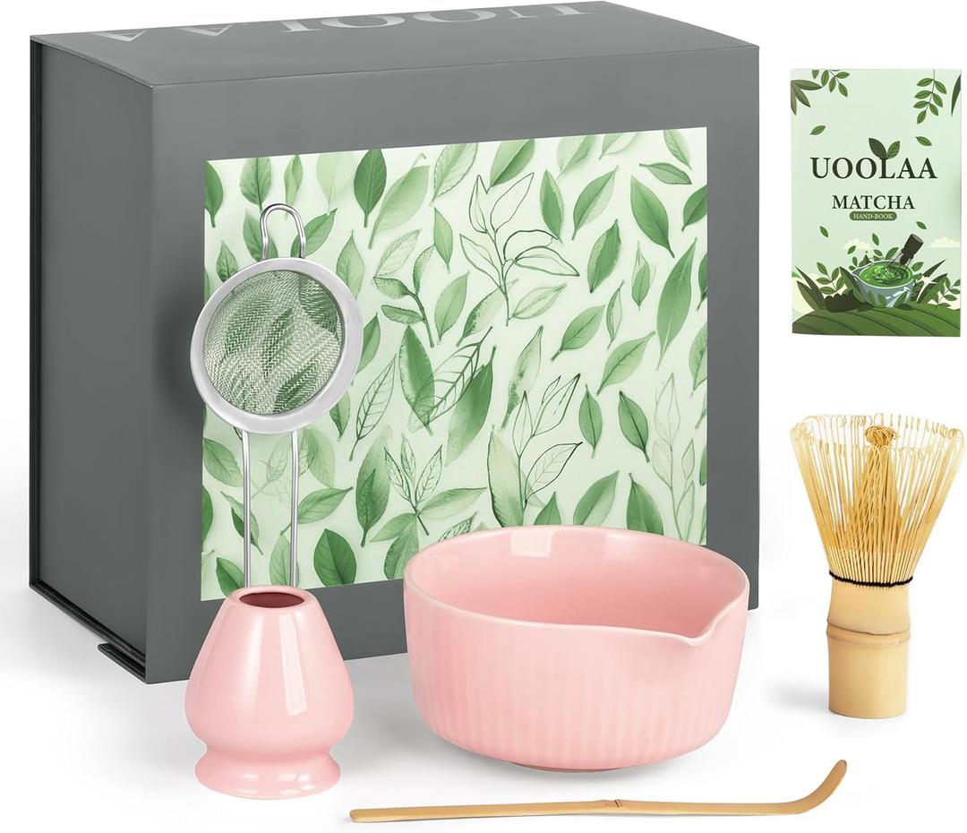 Pink Traditional Matcha Whisk Set, 5 Pcs Japanese Matcha Kit with Chawan Ceramic Bowl with Spout, Chasen Bamboo Whisk and Holder, Scoop, Sifter - Matcha Set Kit Gift for Ceremony Matcha Lattes Lover