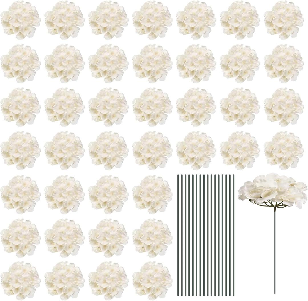 MECCANIXITY Silk Artificial Hydrangea Flowers, Beige Artificial Flowers Heads with Stems, Full Hydrangea Flowers for Wedding Centerpieces, Party Decoration 64 Set