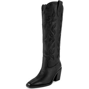 ISNOM Knee High Cowboy Cowgirl Boots for Women, Western Boots with Pull On Tab, Chunky Heel Design, Unique and Stylish (8.5, Matte Black)