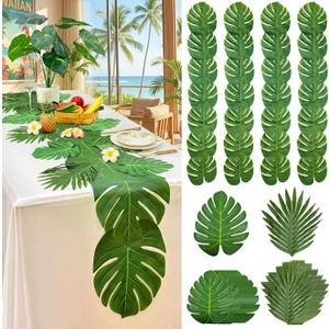 4Pcs Artificial Palm Leaves Table Runners 72 + Inches Long, Table Runner Faux Palm Leaf with 24 Willow and 24 Monstera Leaves, Green Runners for Tables for Hawaiian Jungle Summer Party Decor