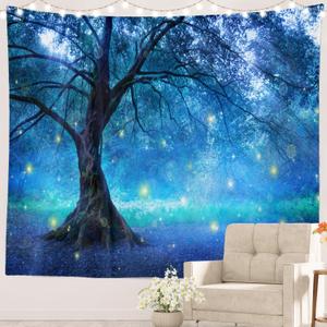 Batmerry Fairy Tree Forest Tapestry, Mystical Fantasy Forest Blue Nature Wall Art Hanging Decoration Polyester Fiber White Ruffled Around For Dorm Room Bedroom Living Room, 90.6 X 78.7 Inches (Natural Scenery Tree 2 Blue1)