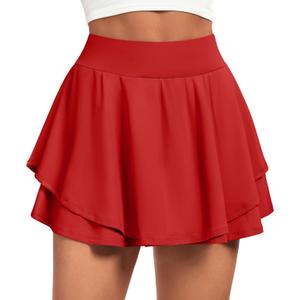 IUGA Tennis Skirt Pleated Skorts for Woman Double Ruffle Golf Skirts for Women Skort with Pockets Tummy Control Athletic (Large, Red)
