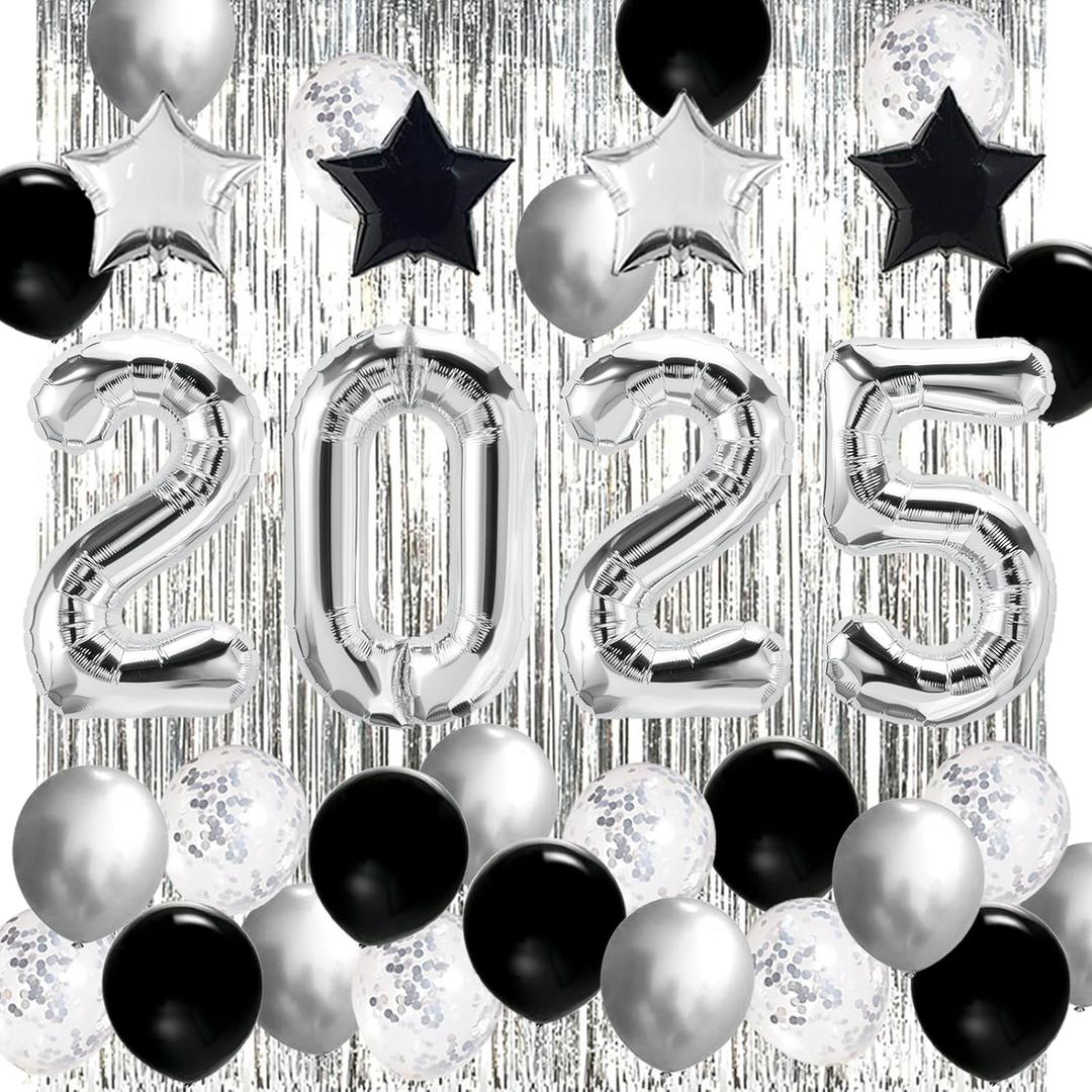JOJO FLY New Years Eve Party Decorations Kit, Silver 2026 Balloons, Black and Silver Balloons Set, Silver Foil Curtain, Graduation Decorations, New Years Eve Party Supplies 2026