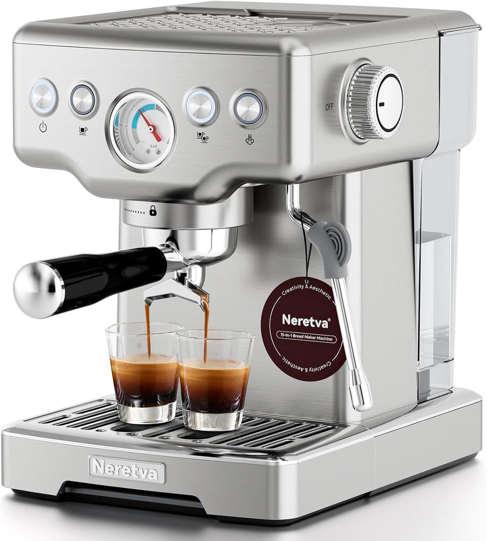 Neretva Espresso Machine, 1450W Stainless Steel Coffee and Espresso Maker Combo with Milk Frother 15Bar Visible Pressure Guage Espresso Coffee Machine for Espresso/Latte/Cappuccino/Home Barista-Silver