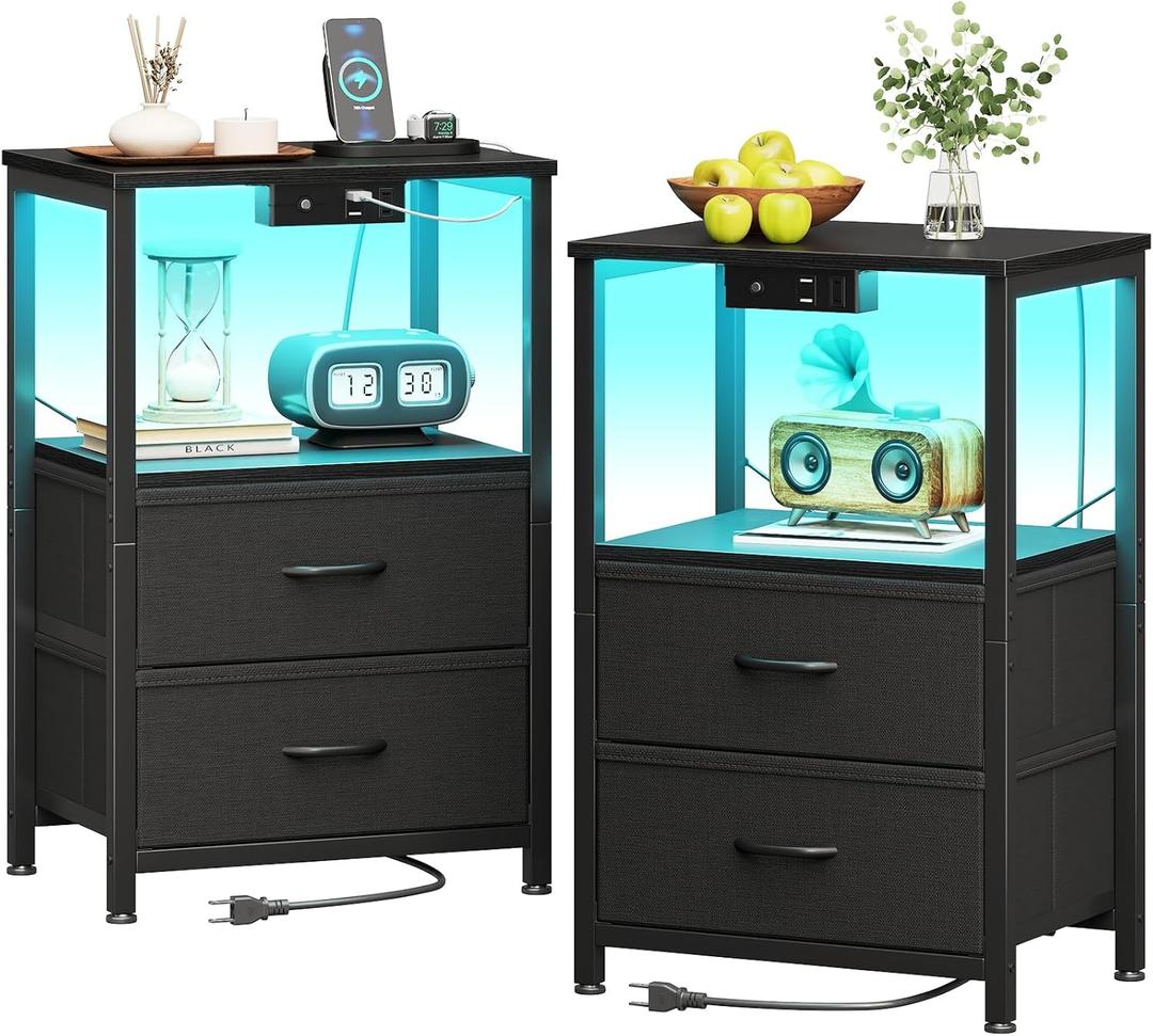 Casaottima Nightstand Set of 2 with Charger Station  USB Ports & Outlet, Bed SideTable with LED Lights, End Table with Fabric Drawers and Open Shelf, Bedside Table Night Stand for Bedroom, Black