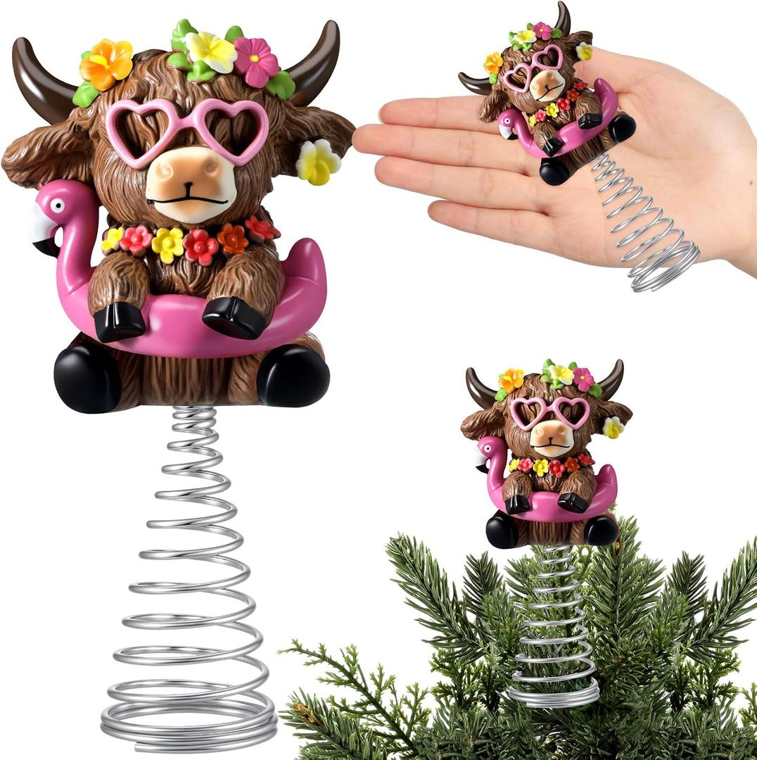 2 x Gejoy Flamingos Highland Cow Miniature Tree Topper, 5.1 Inch Summer Beach Mini Highland Cow Tree Topper Decorations, Resin Cattle Figurine for Home Rustic Farmhouse Table Decor, Summer Gift Ideas