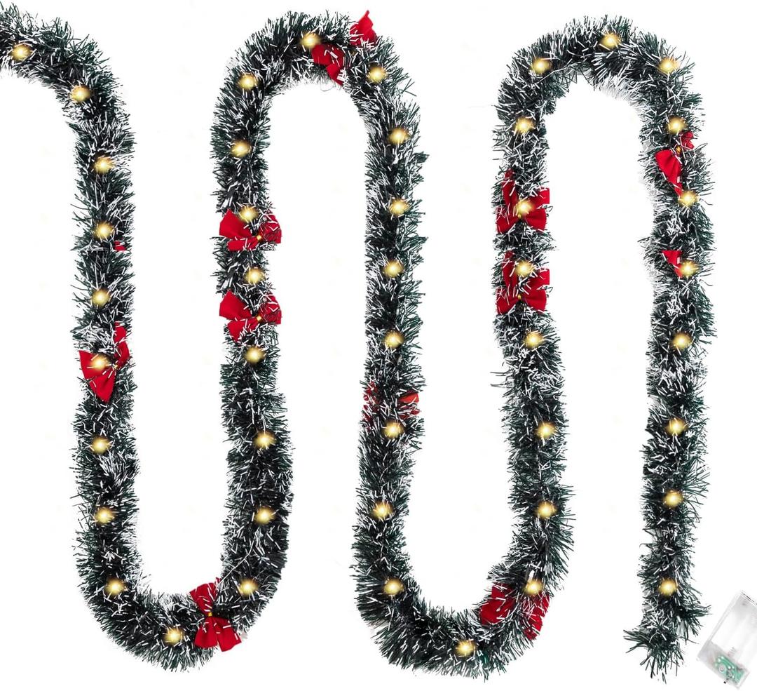 16.4 Ft Dark Green Frost Tip Metallic Tinsel Garland with 50 Warm LED Lights, Artificial Xmas Tree Decoration for Indoor Outdoor, Holiday Party Supplies