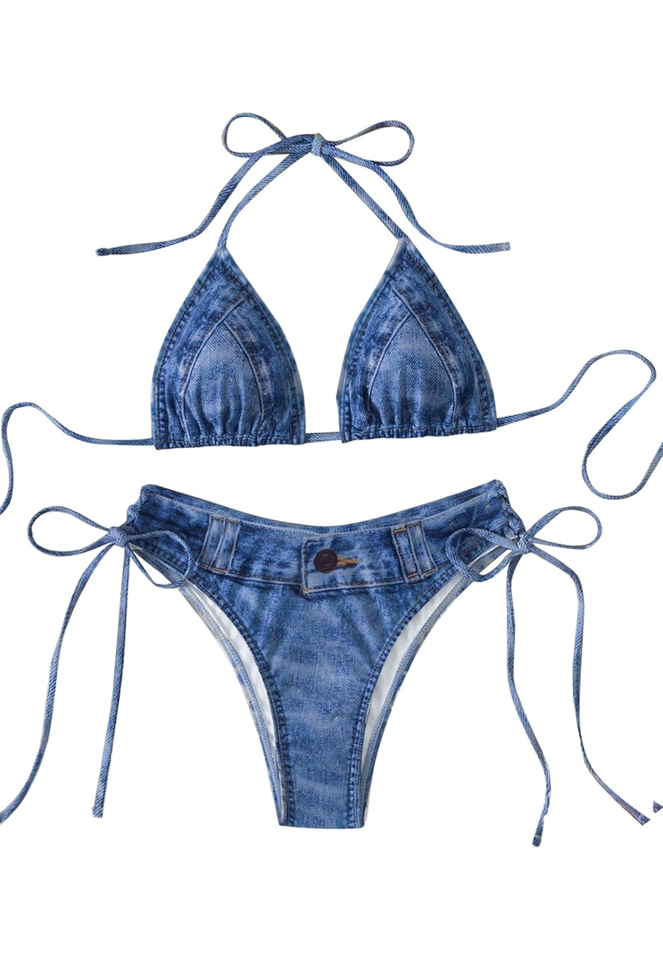 SHENHE Women's 2 Piece Swimsuits Denim Print Halter String Triangle Tie Side Bikini Set SIZE S