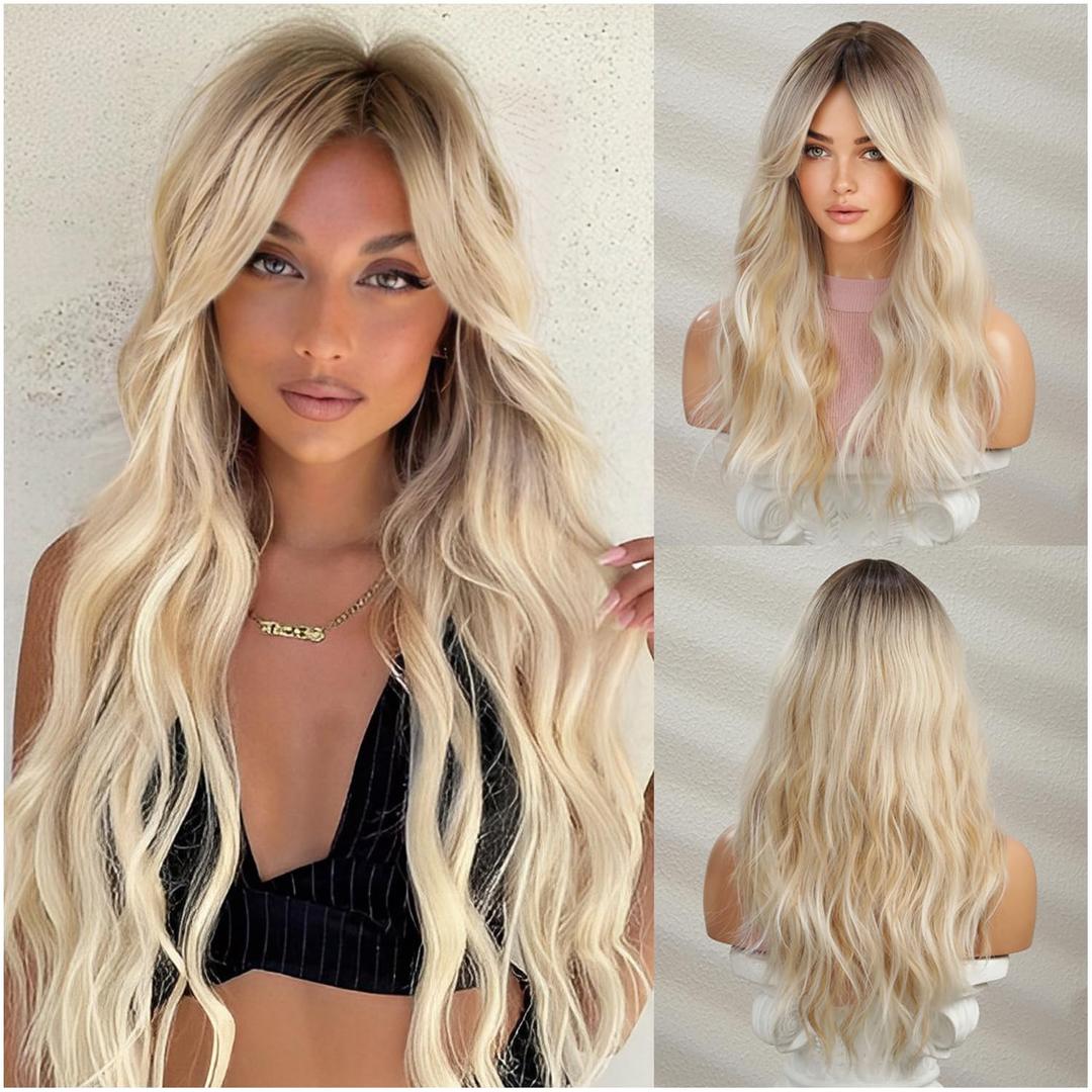 Long Blonde Wig with Bangs Long Curly Wavy Blonde Wigs for Women Mixed Blonde Synthetic Wig (Mixed Blonde)