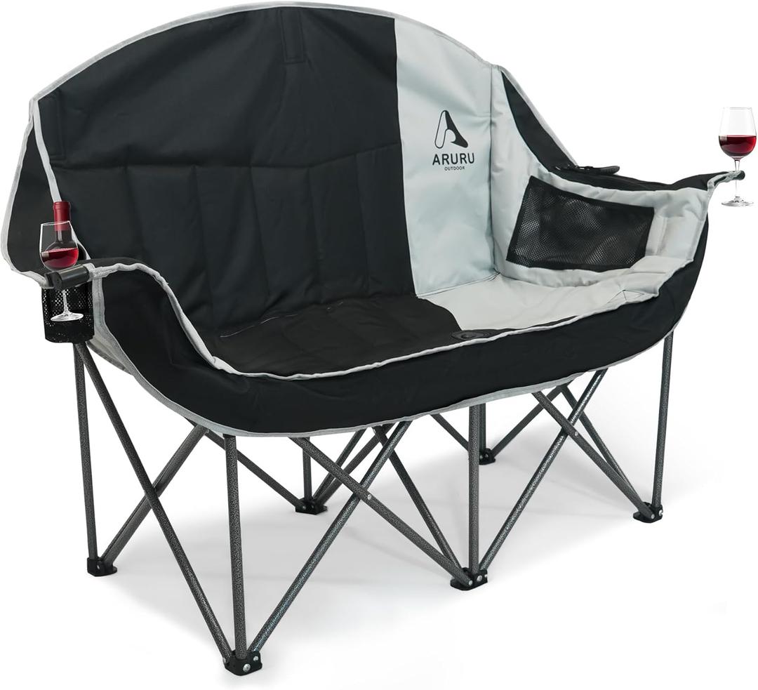 Double Camping Chair with Cooler, Oversized Heavy Duty Loveseat for Adults Portable Folding 2 Person Camp Couch Padded Comfortable Two Seat for Outdoor Beach Lawn Tailgating Sports (Black Grey)