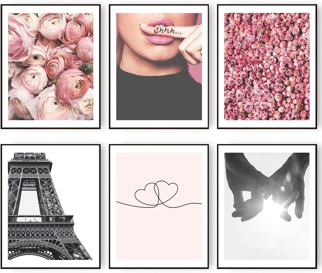HoozGee Wall Art Prints Paris Decor for Bedroom Pink Flower Wall Decor Line Minimalist Heart Shaped Love Holding Hands Poster Fashion Paris Photography Pictures Room Decor (8"x10" UNFRAMED)
