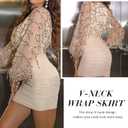 Women's Long Sleeve Mini Short Dress Neck Sequin Ruched Mesh Dress Prom Cocktail Party Gowns (Beige, XL)