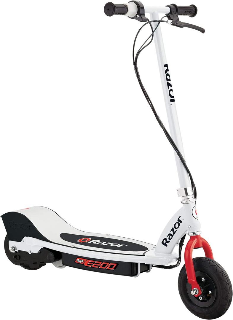 Razor E200 Electric Scooter for Kids Ages 13+ - 8" Pneumatic Tires, 200-Watt Motor, Up to 12 mph and 40 min of Ride Time, for Riders up to 154 lbs (White)