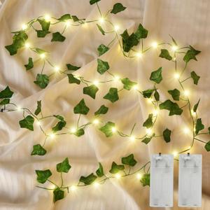 (New) 2 Pack Vines with Lights, 6.56FT 40 LED String Lights with Leaf, LED Artificial Vines with Fairy Light, 2 Modes Fake Vines Ivy String Lights for Bedroom, Wall, Room, Garden, Party Decoration