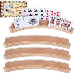 GOTHINK Set of 4 - Cruved Playing Card Holder for Kids Adult Seniors 2 Slot Solid Wood Cards Holders for Playing Cards 14 x 1.6 x 1.8 Inch Non Slip Card Deck for Bridge Canasta Strategy Card Games