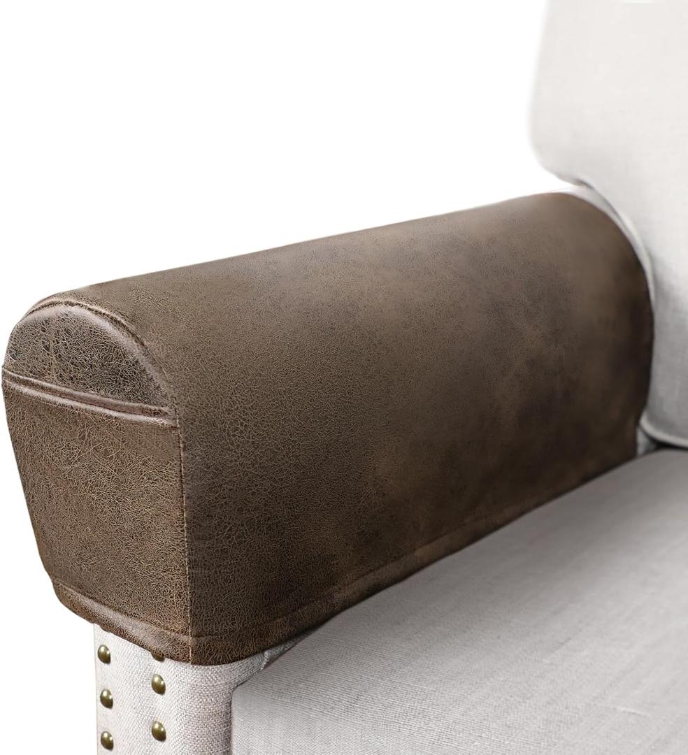 ANARACHON Leather Look Couch Arm Covers Set of 2 Armrest Covers for Sofa Chair Arm Protectors Stretch Armchair Slipcovers with Pockets Washable Spandex Fabric (Medium, Brown)