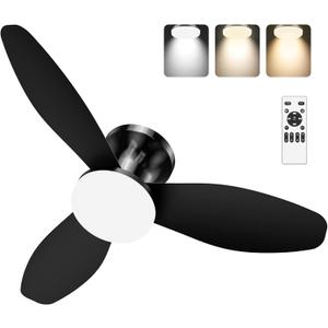 Fussion 42 inch Ceiling Fans with Lights and Remote - Black Flush Mount Low Profile Ceiling Fan with Light, LED Dimmable Modern 3 Blade Bedroom Ceiling Fan for Indoor, Living Room, Kitchen