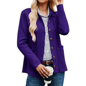 GRACE KARIN Women Casual Cardigan Knit Button Down Jacket Long Sleeve Sweater Blazer with Pockets (L, Purple) 