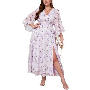 EYWOL Wedding Guest Dress Plus Size Ruffle Bell Sleeve V Neck A Line Flowy Empire Waist Maxi Dresses with Slit (Purple, L)
