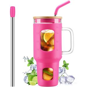 WINSA Glass Tumbler with Straw and Lid, 40 oz glass cup with handle, Glass Water Bottles with Time Marker, Silicone Protective Sleeve-Rose Red