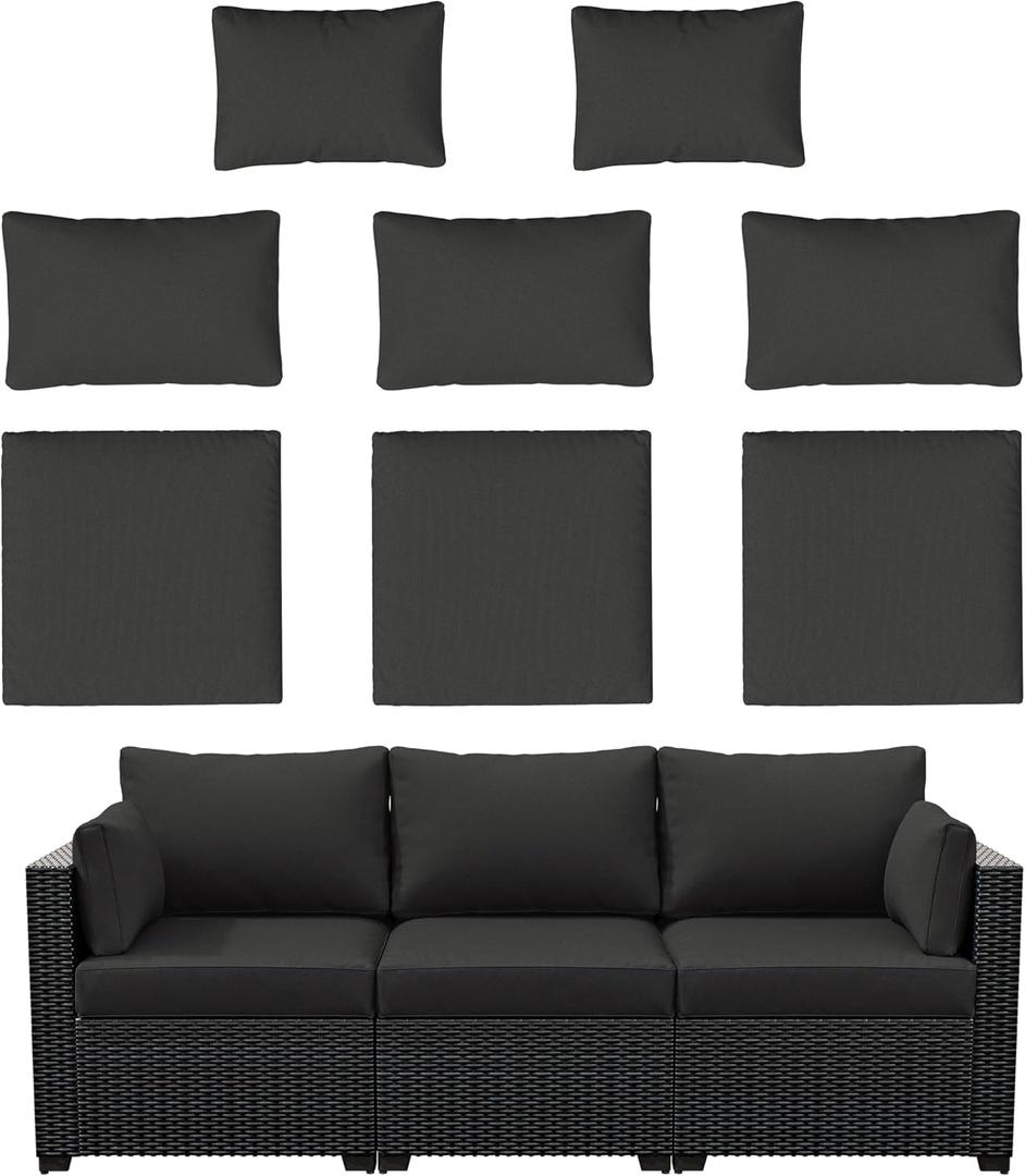 8p Outdoor Cushion Slipcovers Outdoor Patio Cushions Covers Replacement Waterproof with Zipper for 3-Seat Outdoor Rattan Sofa Patio Furniture Cushion Covers Black, Covers Only