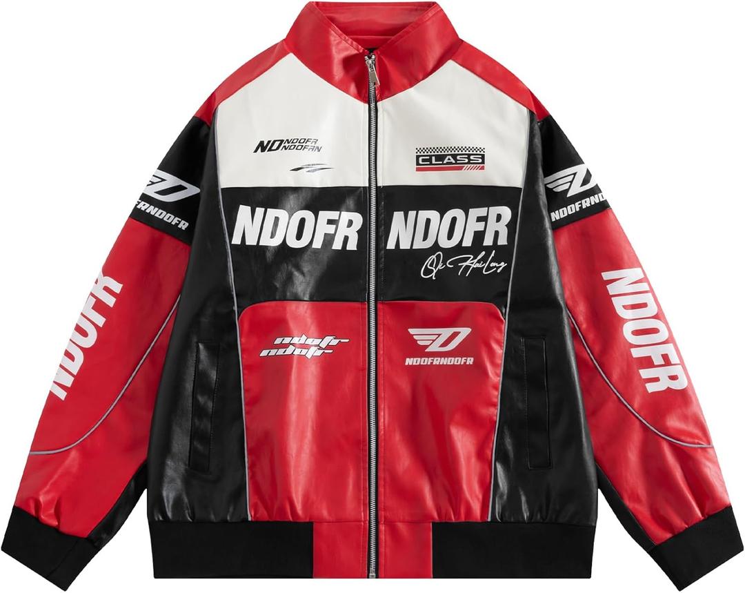 Vamtac Mens Bomber Jacket Oversized Faux Leather Jacket Y2k Vintage Racing Motorcycle Lightweight Coat Fall Winter (Large, Red)